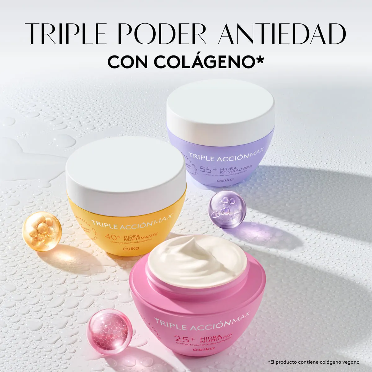 Crema facial multibeneficios Hidra Reafirmante de la linea Triple Acción Max para reafirmar el rostro de Esika